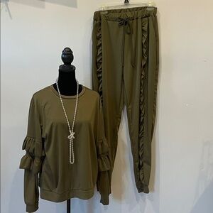 Olive Green Women's Ruffle Sleeve Top and Pants Set like new